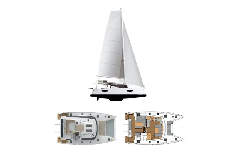 Aria Yacht Photos Pics 2023 Fountaine Pajot Elba 45 Catamaran with sail and interior layout views.