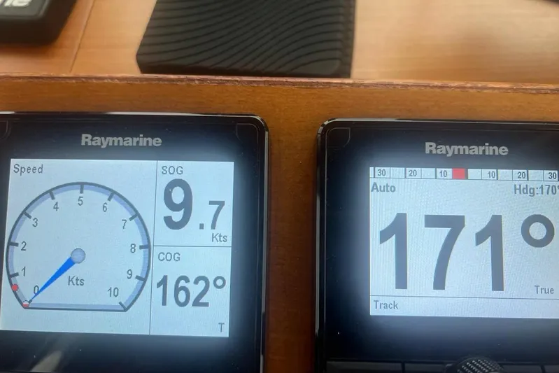 Shearwater Yacht Photos Pics Raymarine navigation display on 2000 Grand Banks 36 Classic, showing speed and heading.