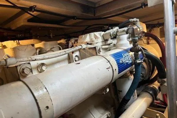 Shearwater Yacht Photos Pics Engine compartment of 2000 Grand Banks 36 Classic boat, showcasing mechanical components.