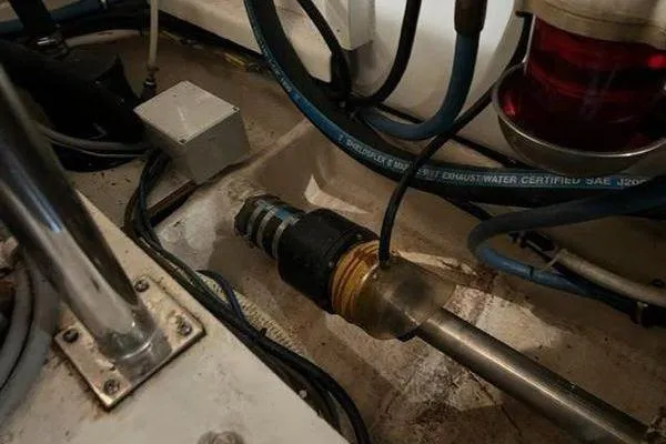 Shearwater Yacht Photos Pics Engine compartment of 2000 Grand Banks 36 Classic with visible wiring and components.