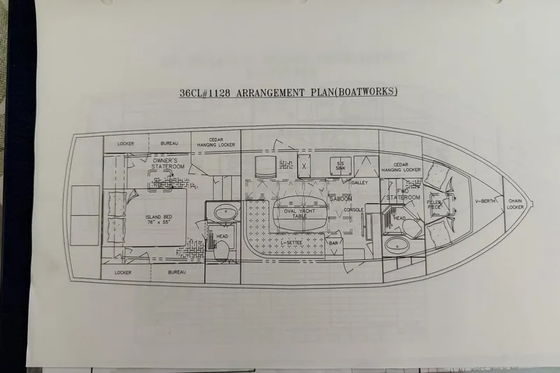 Shearwater Yacht Photos Pics Floor plan of a 2000 Grand Banks 36 Classic yacht, showing detailed interior layout.