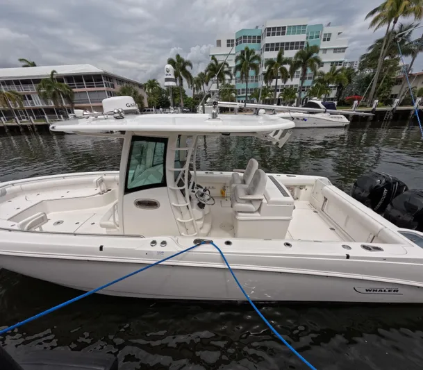  Yacht Photos Pics 2013 Boston Whaler 320 Outrage boat docked in marina, surrounded by palm trees.