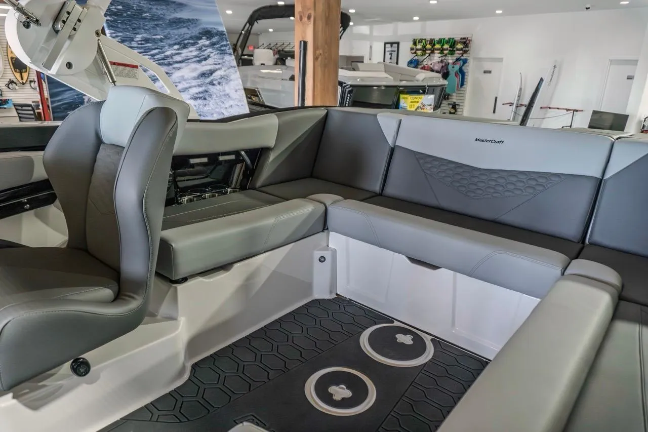 2026 MasterCraft NXT20 boat interior with gray seating and modern design.