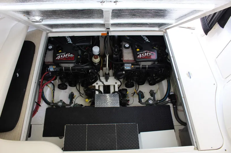 Happy Ours Yacht Photos Pics Engine compartment of 2008 Chaparral 350 Signature Extended Plane with twin Mercury 496 engines.