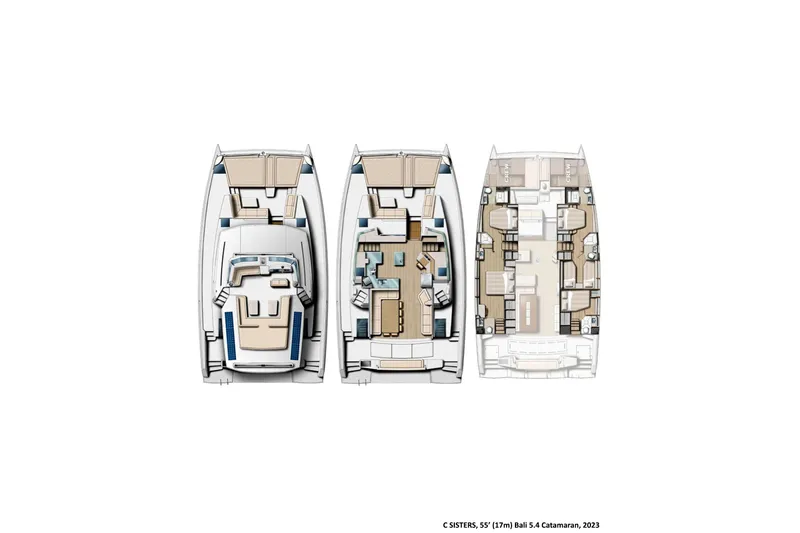 C Sisters Yacht Photos Pics 2023 Bali 5.4 Catamaran floor plan with detailed interior layout.