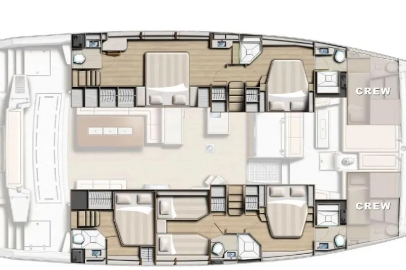 C Sisters Yacht Photos Pics 2023 Bali 5.4 Catamaran layout with cabins, crew quarters, and living spaces.