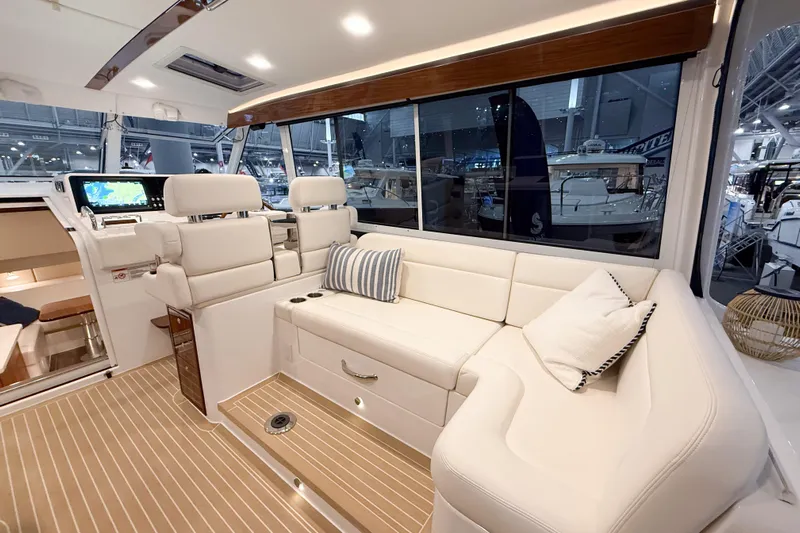 In Stock Yacht Photos Pics Luxurious interior of 2026 MJM 47X yacht with plush seating and modern design.