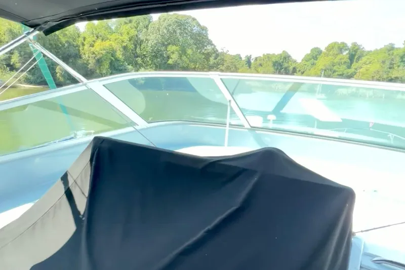 Chasing Sunsets Yacht Photos Pics 2000 Pacific Mariner 65 Motoryacht deck view with lush greenery in the background.