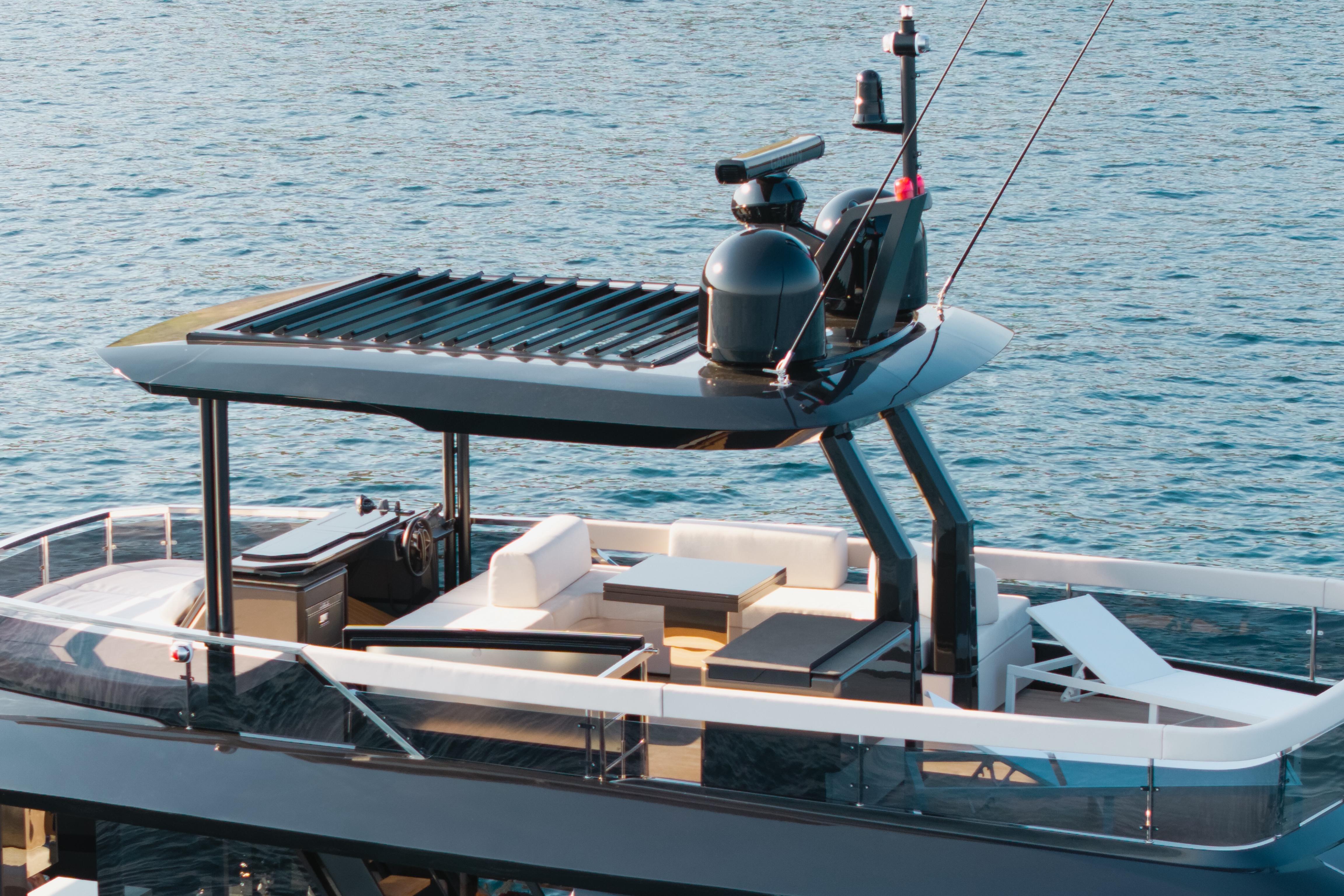 Modern Explorer 62 yacht, 2025 model, featuring sleek design and luxurious deck on the water.