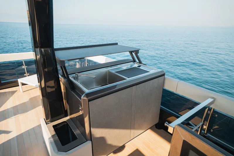 Explocean 3 Yacht Photos Pics Outdoor kitchen on 2025 Explorer 62 yacht with ocean view.