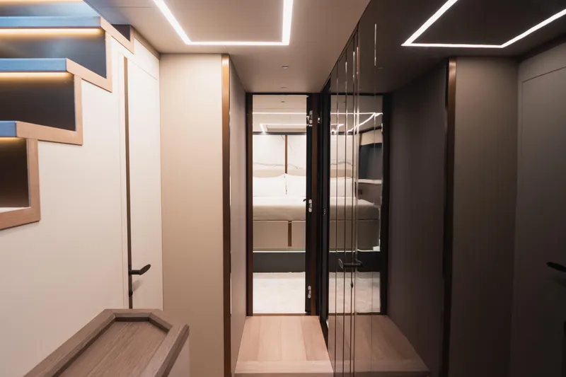 Explocean 3 Yacht Photos Pics Luxurious interior of 2025 Explorer 62 yacht, featuring modern design and ambient lighting.