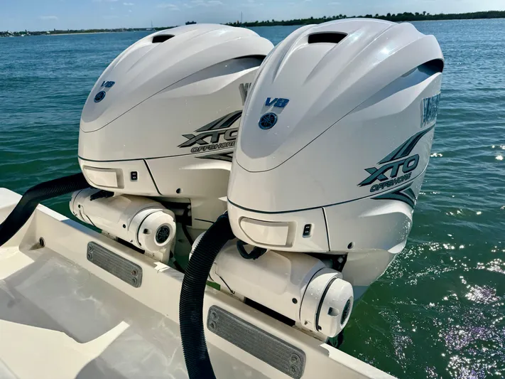  Yacht Photos Pics Twin outboard engines on a 2020 Cobia 350 Center Console boat.