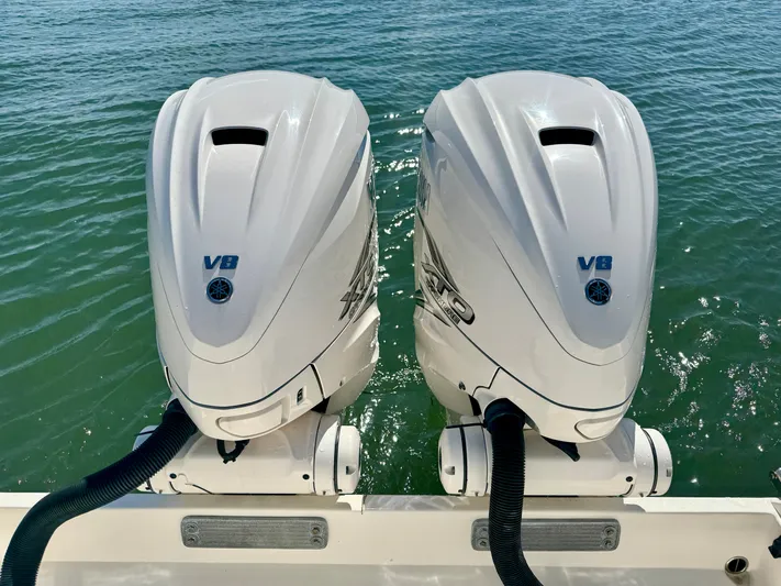  Yacht Photos Pics Twin V8 engines on a 2020 Cobia 350 Center Console boat.