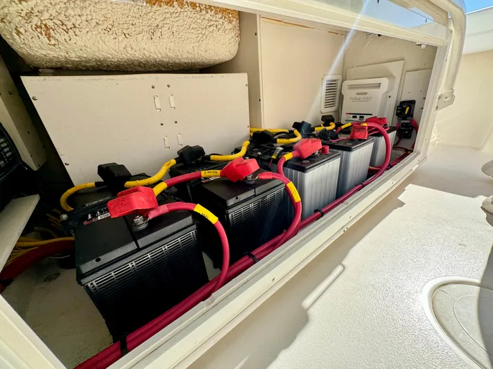  Yacht Photos Pics Battery compartment of 2020 Cobia 350 Center Console boat with red and yellow cables.