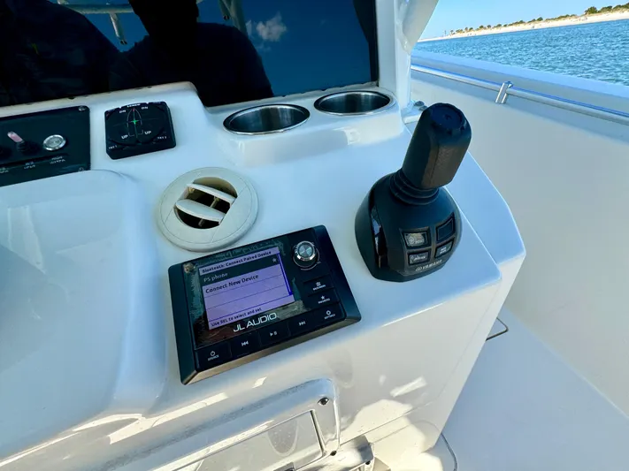  Yacht Photos Pics Cobia 350 Center Console 2020 boat dashboard with controls and JL Audio system.