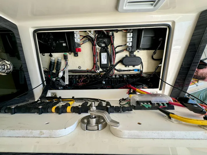  Yacht Photos Pics Electrical panel of 2020 Cobia 350 Center Console boat, showcasing wiring and components.