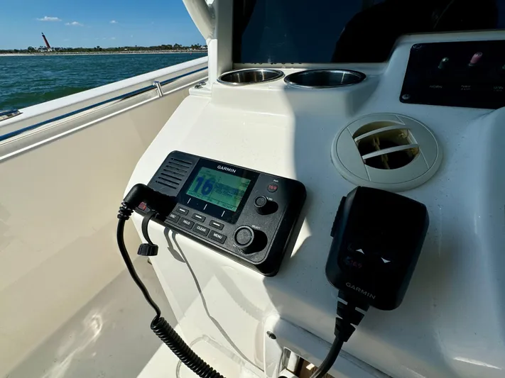  Yacht Photos Pics Garmin marine radio on 2020 Cobia 350 Center Console boat dashboard.