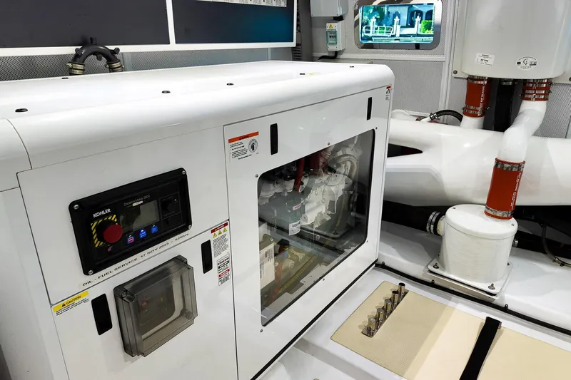 Top Times Yacht Photos Pics Engine room of 2022 Marlow Voyager Series yacht with Kohler generator and piping system.