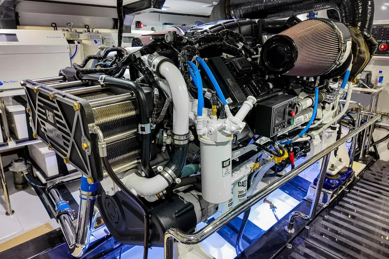 Top Times Yacht Photos Pics Engine room of 2022 Marlow Voyager Series yacht, featuring advanced machinery and components.