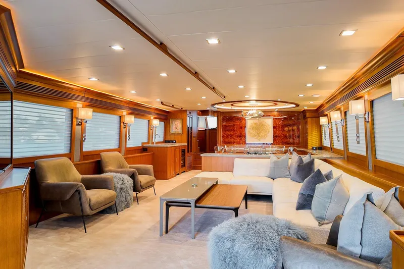 Top Times Yacht Photos Pics Luxurious interior of 2022 Marlow Voyager Series yacht with elegant seating and modern decor.