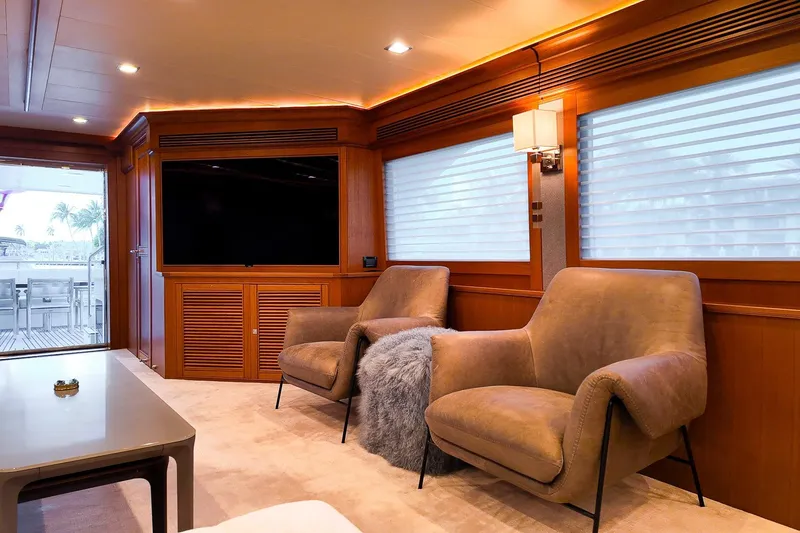 Top Times Yacht Photos Pics Luxurious Marlow Voyager Series 2022 yacht interior with plush seating and modern decor.