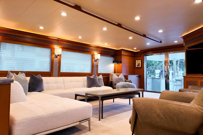 Top Times Yacht Photos Pics Luxurious interior of 2022 Marlow Voyager Series yacht with plush seating and modern decor.