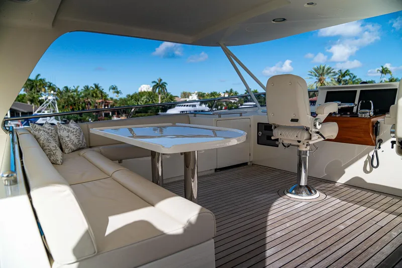 Top Times Yacht Photos Pics Luxurious 2022 Marlow Voyager yacht deck with seating, table, and helm station.