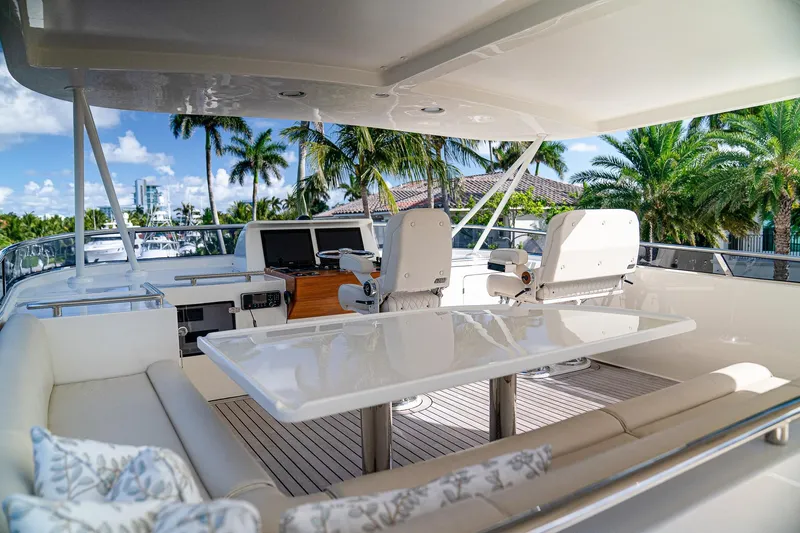 Top Times Yacht Photos Pics Luxurious 2022 Marlow Voyager yacht deck with seating, table, and palm tree view.