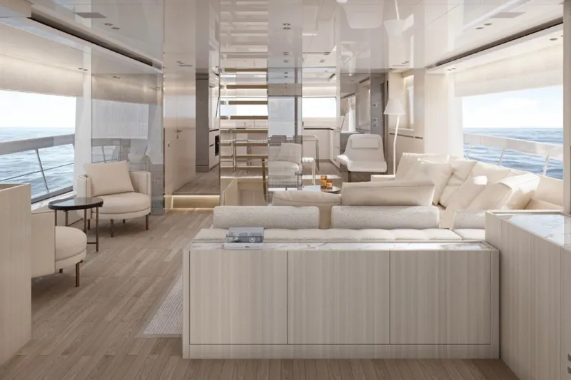 Yacht Photos Pics Luxurious interior of 2025 Sanlorenzo SX88 yacht with modern furnishings and ocean view.