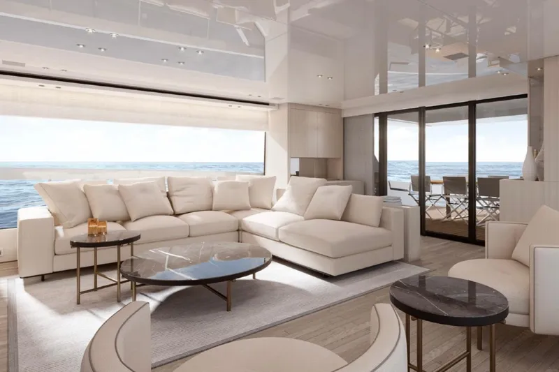 Yacht Photos Pics Luxurious interior of 2025 Sanlorenzo SX88 yacht with elegant seating and ocean view.