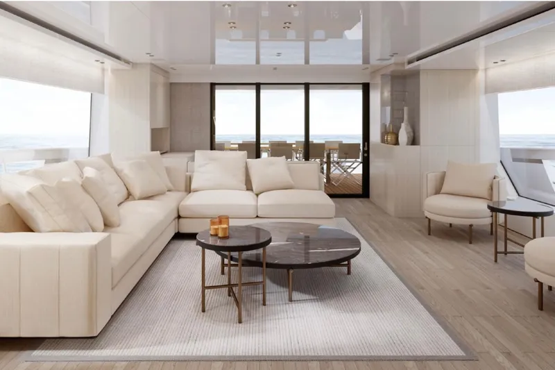  Yacht Photos Pics Luxurious interior of 2025 Sanlorenzo SX88 yacht with elegant seating and ocean view.