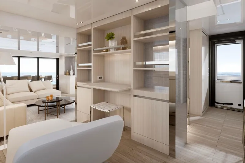  Yacht Photos Pics Luxurious interior of 2025 Sanlorenzo SX88 yacht with modern furnishings and ocean view.