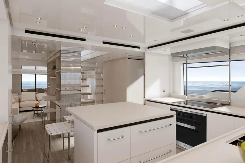  Yacht Photos Pics Luxurious interior of 2025 Sanlorenzo SX88 yacht with modern kitchen and ocean view.