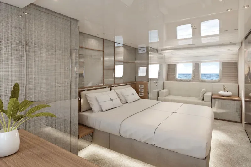  Yacht Photos Pics Luxurious Sanlorenzo SX88 2025 yacht bedroom with ocean view and modern decor.