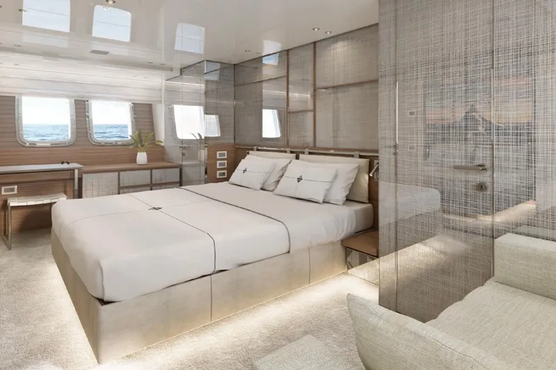  Yacht Photos Pics Luxurious Sanlorenzo SX88 2025 yacht bedroom with modern design and ocean view windows.