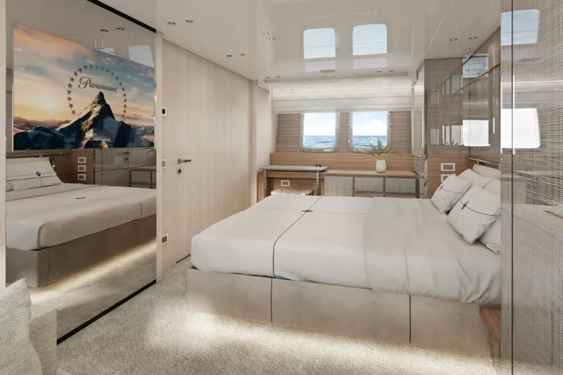  Yacht Photos Pics Luxurious Sanlorenzo SX88 2025 yacht bedroom with modern decor and ocean view.