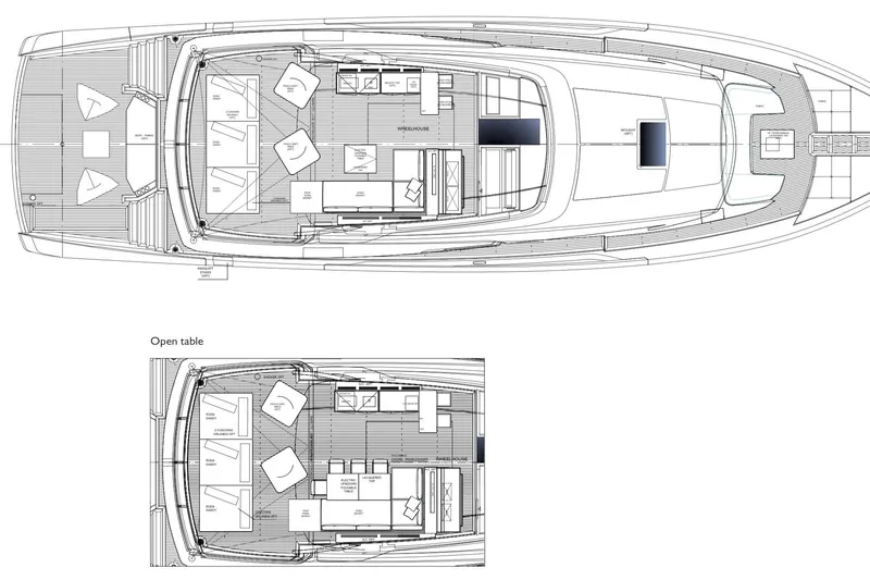  Yacht Photos Pics Deck layout of 2025 Sanlorenzo SX88 yacht, featuring open table and seating areas.