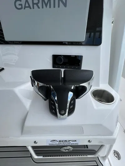  Yacht Photos Pics 2023 Sea Fox 328 Commander helm with Garmin display and controls.