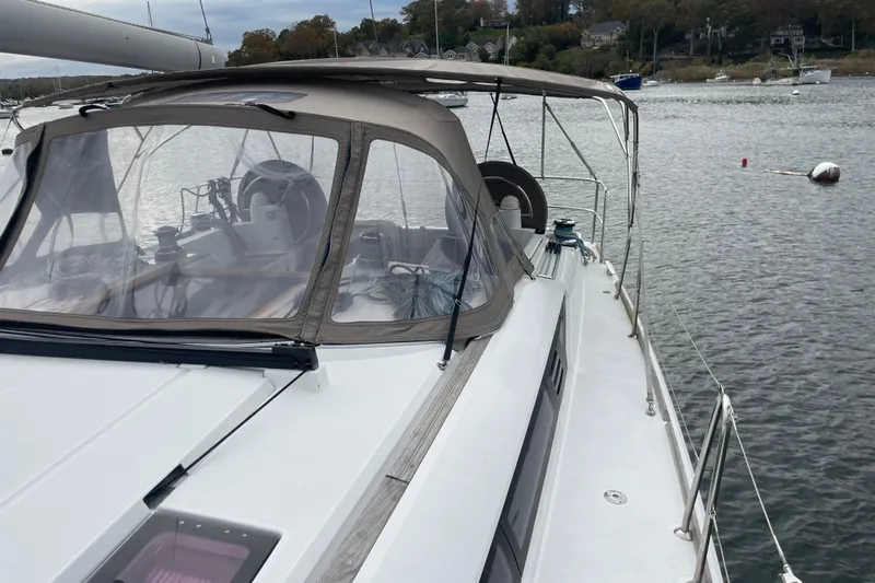  Yacht Photos Pics Jeanneau Sun Odyssey 509 sailboat, 2012 model, docked in a serene harbor.