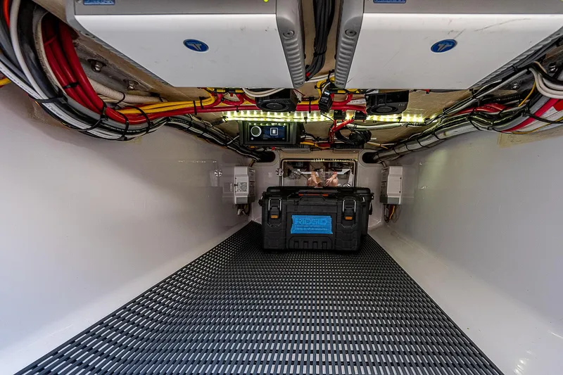 T/t Waterfront Yacht Photos Pics Engine compartment of 2013 Bahama Quad V10's with wiring and equipment.