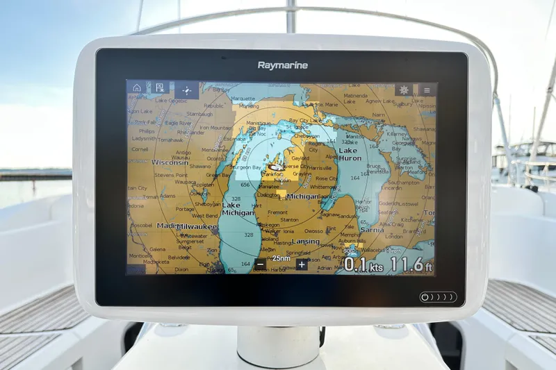 Northern Lights Yacht Photos Pics Raymarine navigation display on 2015 Jeanneau Sun Odyssey 469, showing Great Lakes map.