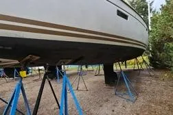 Northern Lights Yacht Photos Pics 2015 Jeanneau Sun Odyssey 469 sailboat on stands, side view.