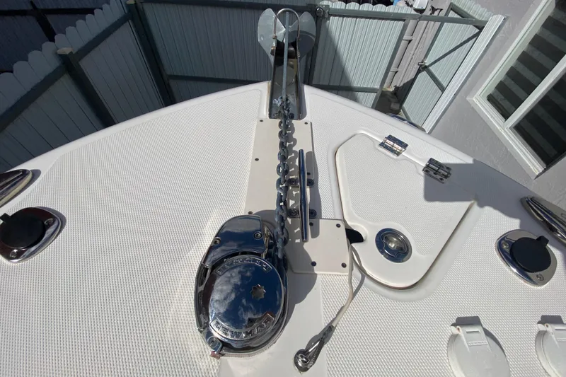  Yacht Photos Pics 2018 Robalo R242 Center Console boat deck with anchor and hatch details.