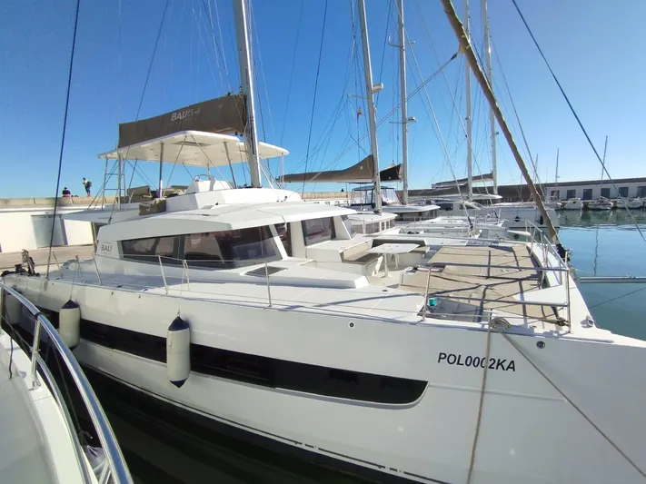 Amura Yacht Photos Pics Bali 5.4 catamaran docked at marina, 2021 model, clear blue sky background.