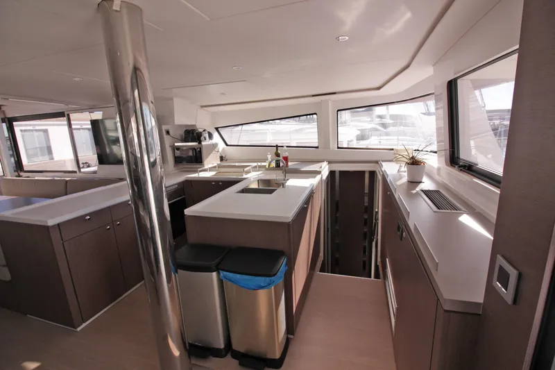 Amura Yacht Photos Pics Modern kitchen interior on 2021 Bali 5.4 yacht, featuring sleek design and ample natural light.