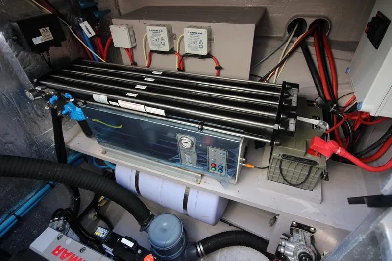 Amura Yacht Photos Pics Electrical and mechanical components inside a Bali 5.4 model, 2021, showcasing wiring and equipment.