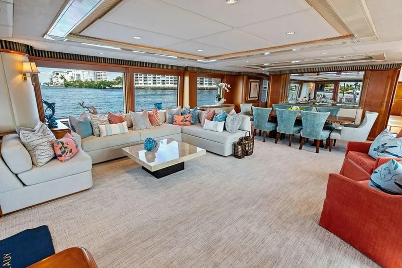 Picosa Lady Yacht Photos Pics Luxurious 2001 West Bay Sonship yacht interior with elegant seating and waterfront view.