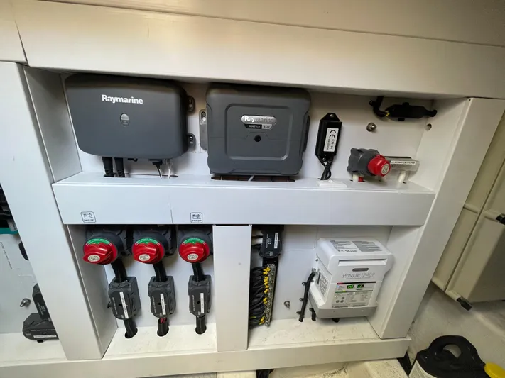 Ohana Yacht Photos Pics Electrical panel of a 2013 Sealine S450 yacht with Raymarine equipment.