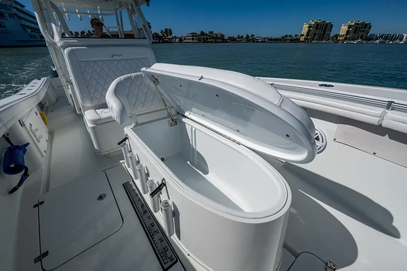 Rock N Reel Yacht Photos Pics 2018 Yellowfin 36 Offshore boat with open storage compartment on deck.