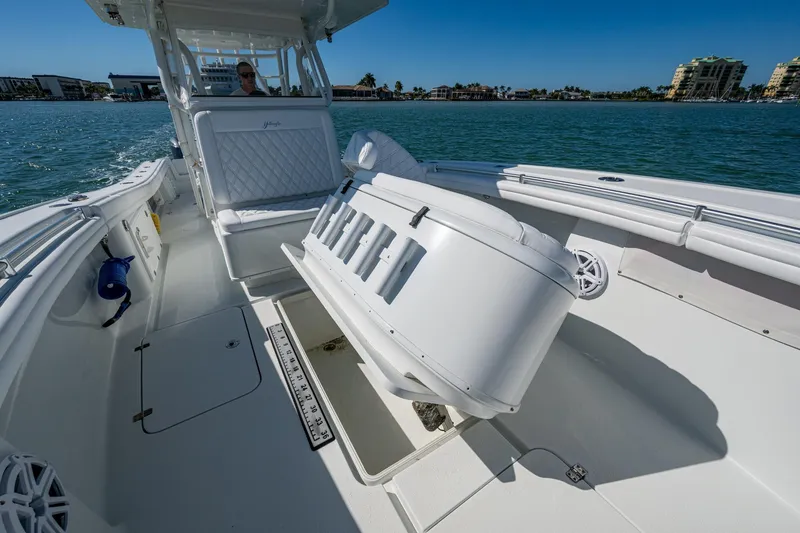 Rock N Reel Yacht Photos Pics 2018 Yellowfin 36 Offshore boat interior with seating and open water view.